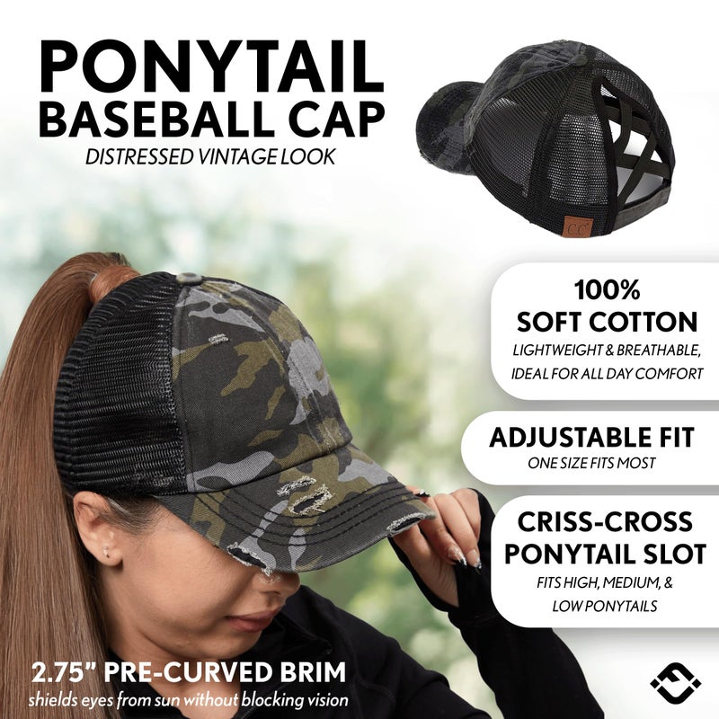 Funky Junque Women's Messy Bun Ball Cap Distressed Ponytail Trucker Hat with Ponytail Hole and Criss Cross Bands - Black Mesh - Black Camo (Distressed) - Image 2